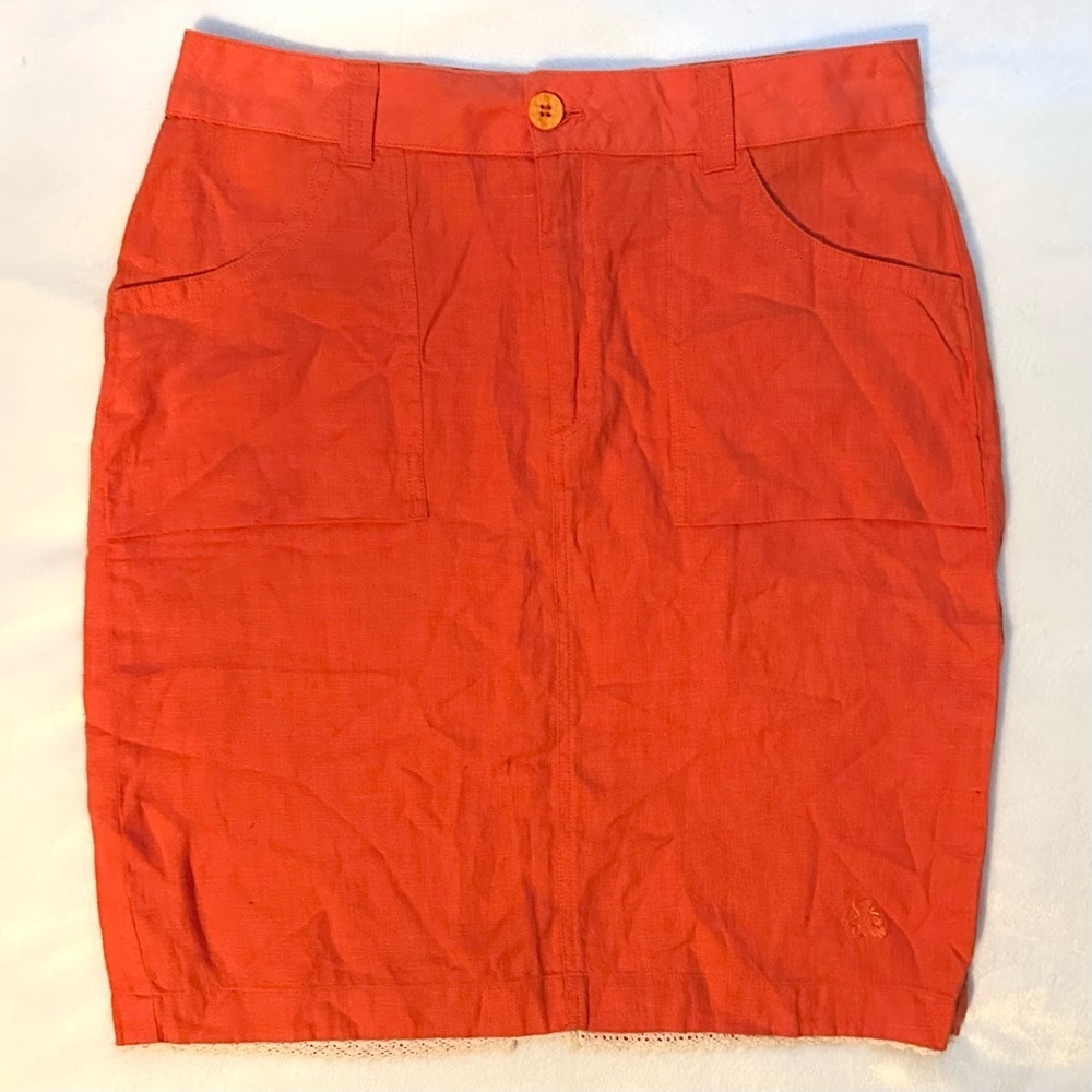 Lulu Castagnette 100% Linen Bright Orange Skirt Womens 10 crochet trim bear logo